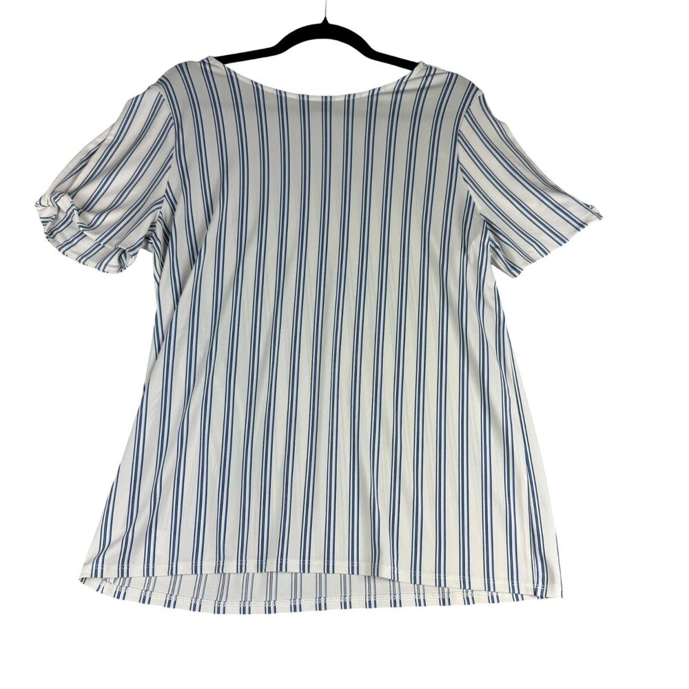 Ann Taylor Factory Top Women's Large White Blue Striped Short Sleeve Career Cute
